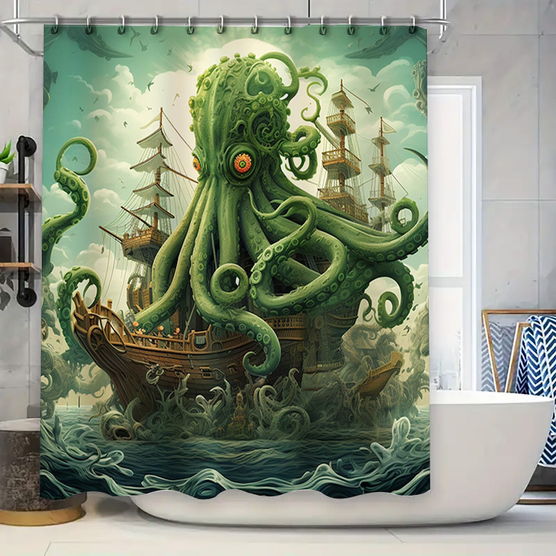 Home Bathroom Decor Ideas - الأخطبوط السفينة دش الستار سريالية البحرية