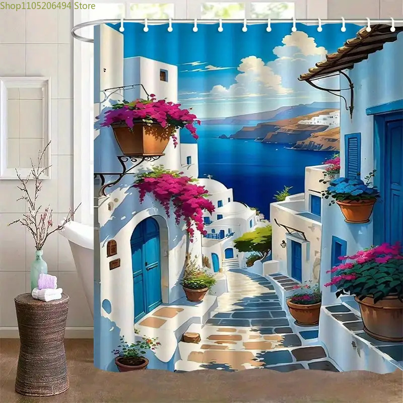 Home Bathroom Decor Ideas - ستارة حمام بتصميم جزيرة سانتوريني اليونانية
