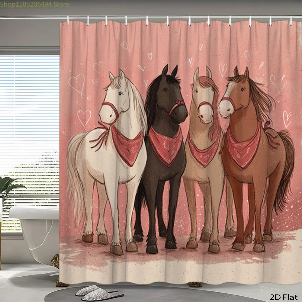 Home Bathroom Decor Ideas - ستارة حمام بتصميم خيول لطيفة، تصميم